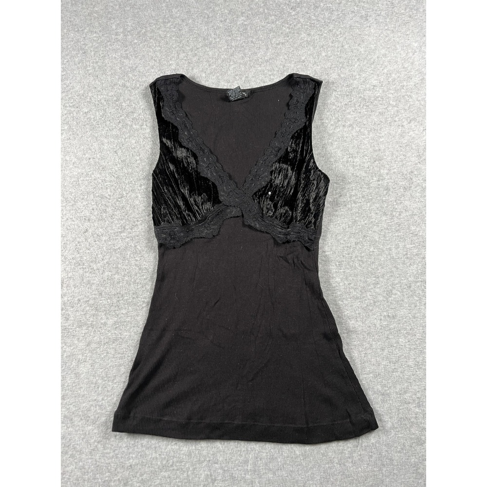 VTG Y2K Eyeshadow Babydoll Tank Top Women L Black Velvet Lace Dark Romantic Goth
